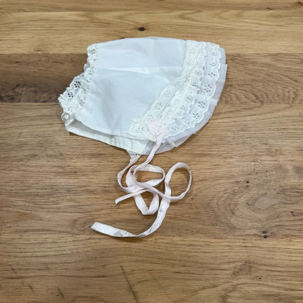 Vintage Baby Bonnet White Sheer Lace Pink Ribbon Christening Baptism Hat